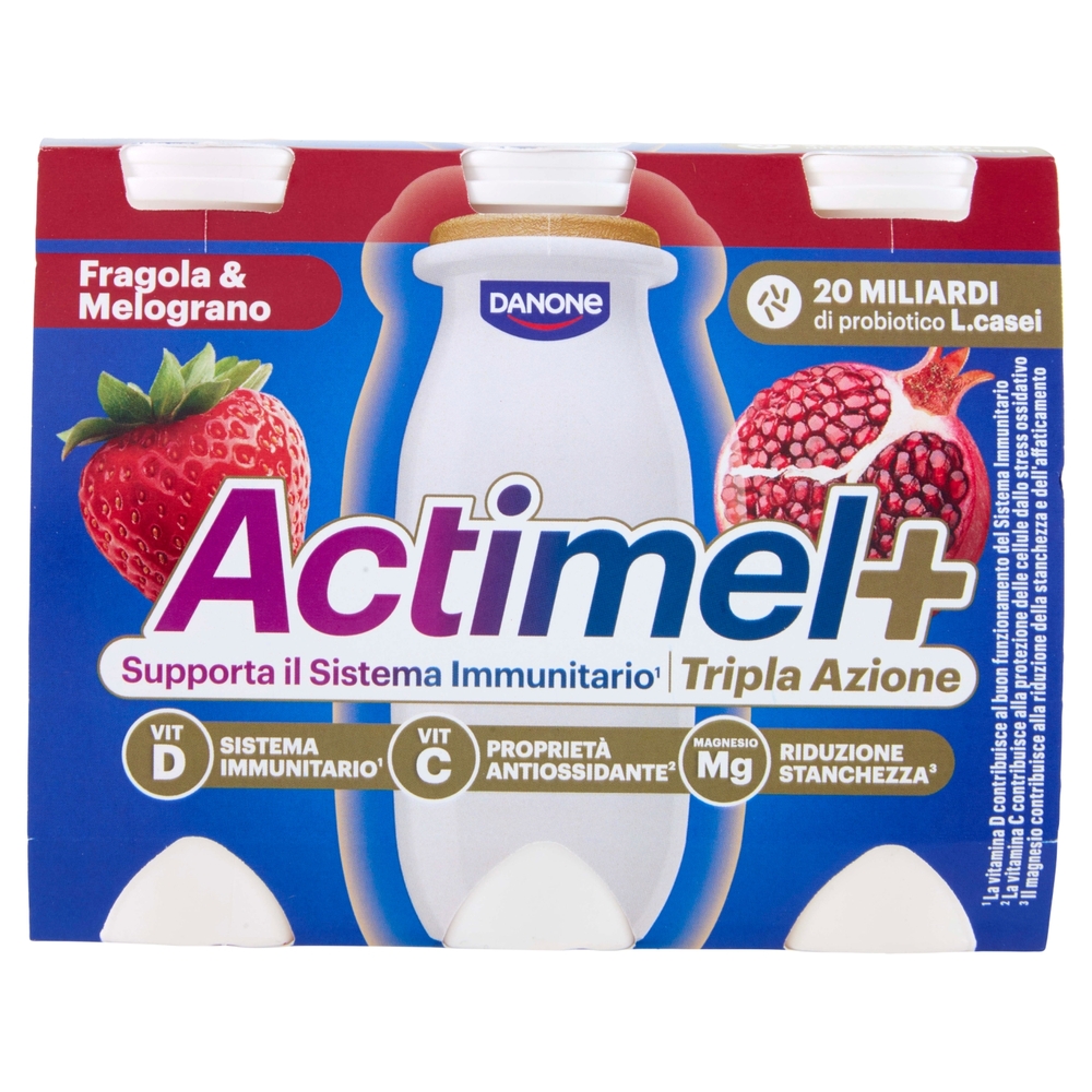 ACTIMEL Tripla Azione, Yogurt da Bere con Vit D e C e Magnesio, gusto Fragola&Melograno,6x100g